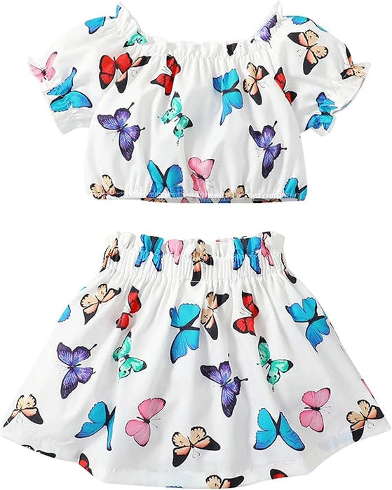 Conjunto de dos piezas para niñas de blusa con hombros descubiertos y falda con estampado - Quierox - Tienda Online