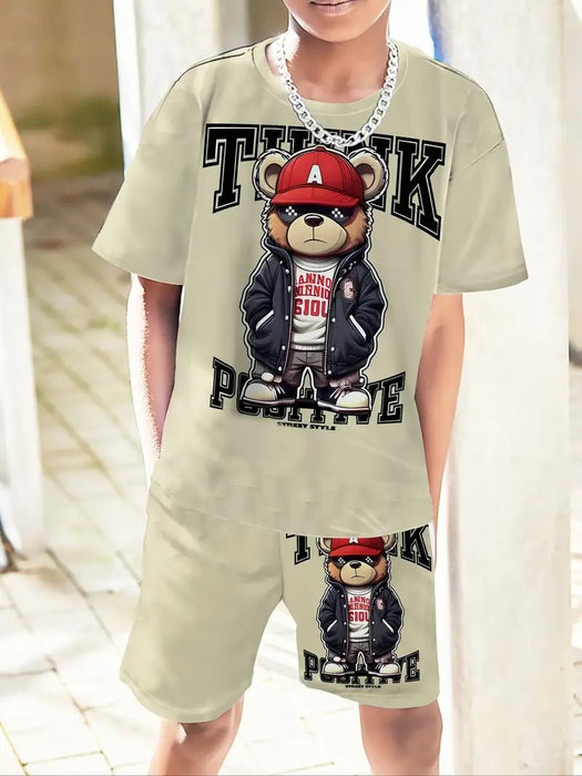Conjunto de dos piezas para niño de diseño beige con estampado 3D de un oso con gorra - Quierox - Tienda Online