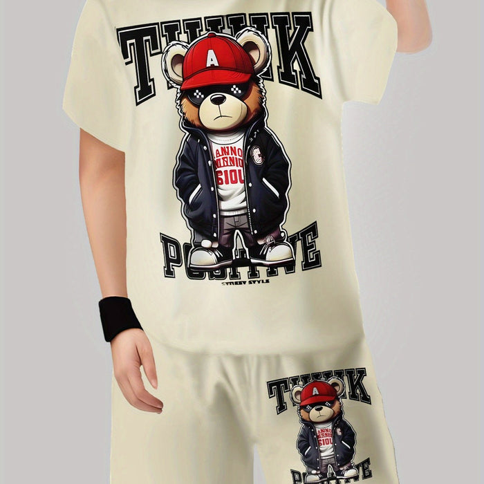 Conjunto de dos piezas para niño de diseño beige con estampado 3D de un oso con gorra - Quierox - Tienda Online