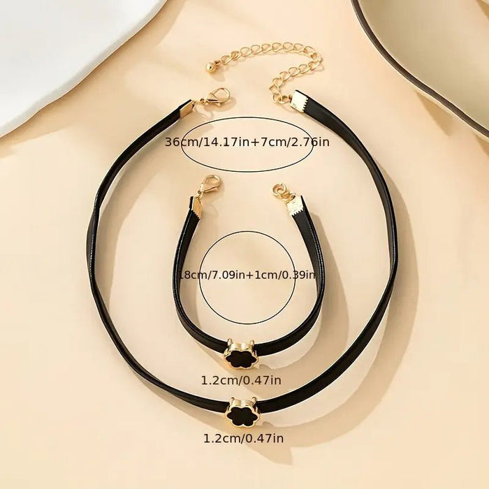 Conjunto de dos piezas: un elegante collar de trébol de cuerda de cuero sintético y una pulsera - Quierox - Tienda Online