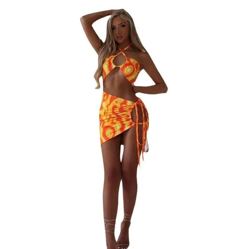 Conjunto de falda de verano con estampado y cuello halter, 2 piezas - Quierox - Tienda Online