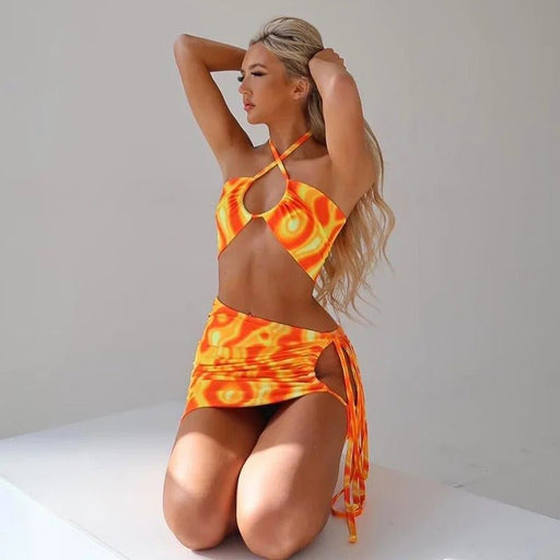 Conjunto de falda de verano con estampado y cuello halter, 2 piezas - Quierox - Tienda Online