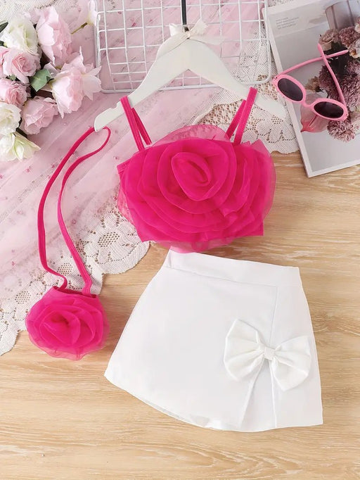 Conjunto de falda y top con estampado floral Rosa y blanco vibrantes, estilo casual con detalle de lazo - Quierox - Tienda Online