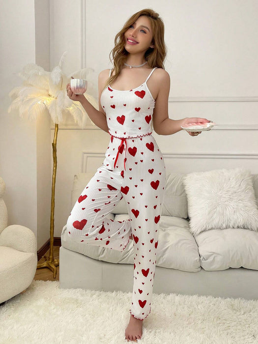 Conjunto de pijama para mujer con top de tirantes y pantalón largo estampado de corazones - Quierox - Tienda Online