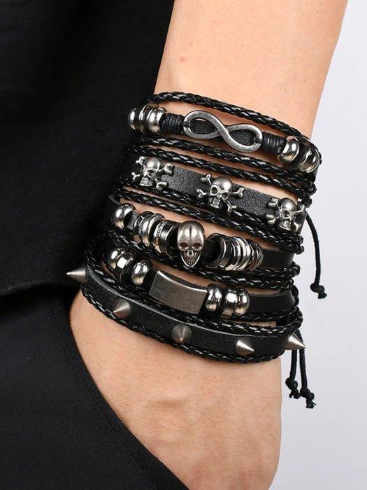Conjunto de pulsera de cuero PU de 8 piezas con púas de calavera negra estilo punk - Quierox - Tienda Online