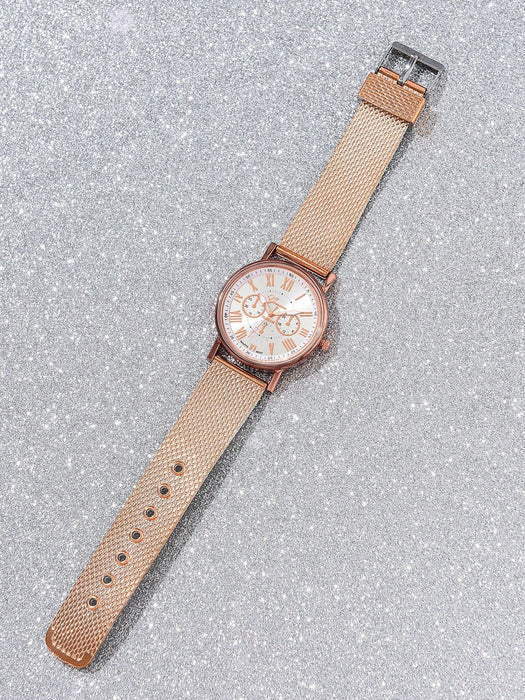 Conjunto de reloj casual para mujer con correa y brazalete de aleación decorado con diamantes de imitación - Quierox - Tienda Online