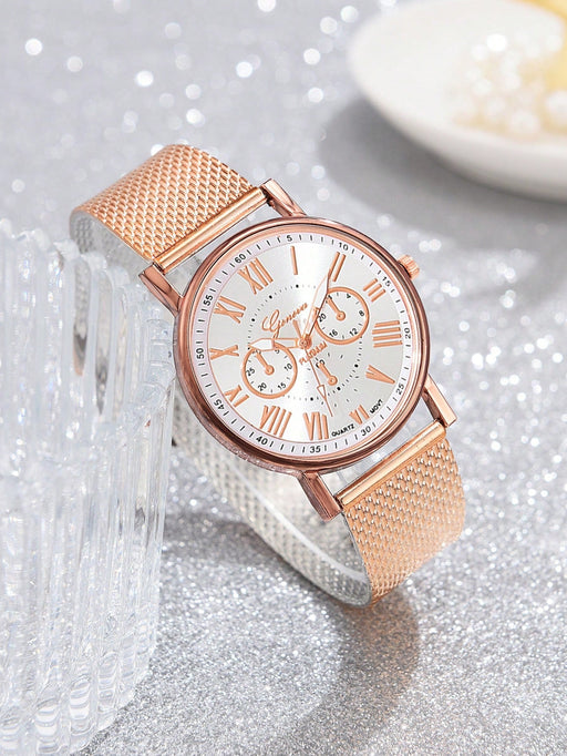 Conjunto de reloj casual para mujer con correa y brazalete de aleación decorado con diamantes de imitación - Quierox - Tienda Online