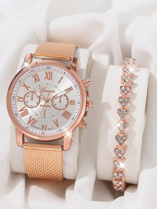 Conjunto de reloj casual para mujer con correa y brazalete de aleación decorado con diamantes de imitación - Quierox - Tienda Online