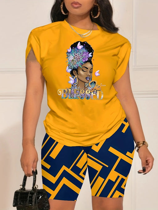 Conjunto de Shorts con Cuello Redondo y Estampado Irregular para Mujeres - Quierox - Tienda Online