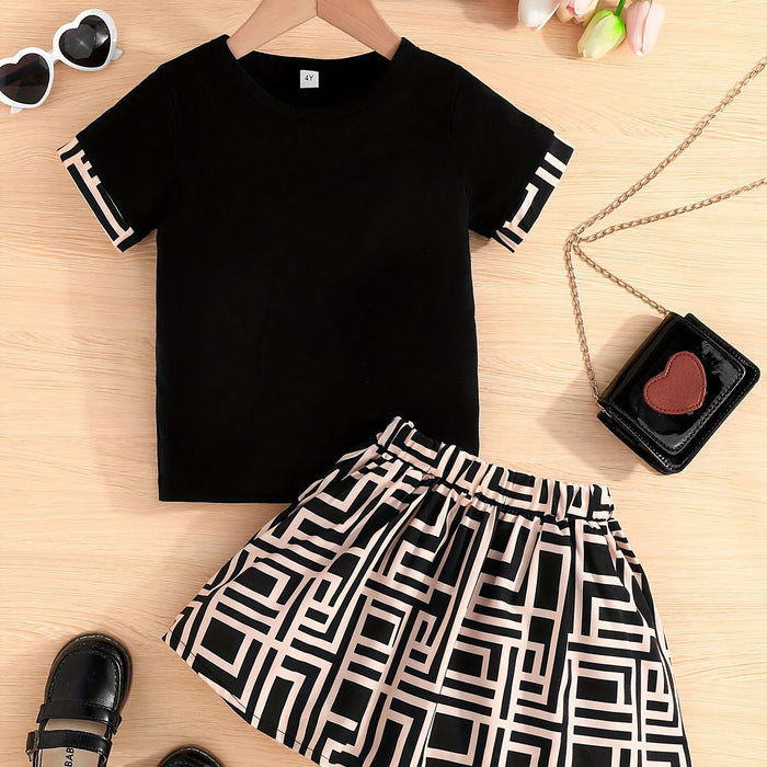 Conjunto infantil de camiseta de manga corta con ribete gráfico y minifalda acampanada - Quierox - Tienda Online
