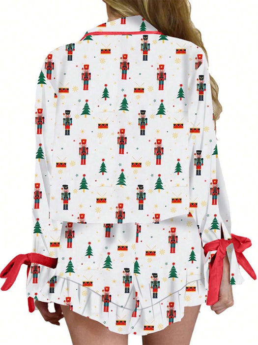 Conjunto navideño de dos piezas para mujer: ropa de estar por casa, con estampado y lazo - Quierox - Tienda Online
