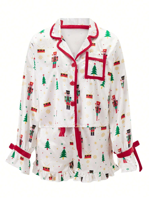 Conjunto navideño de dos piezas para mujer: ropa de estar por casa, con estampado y lazo - Quierox - Tienda Online