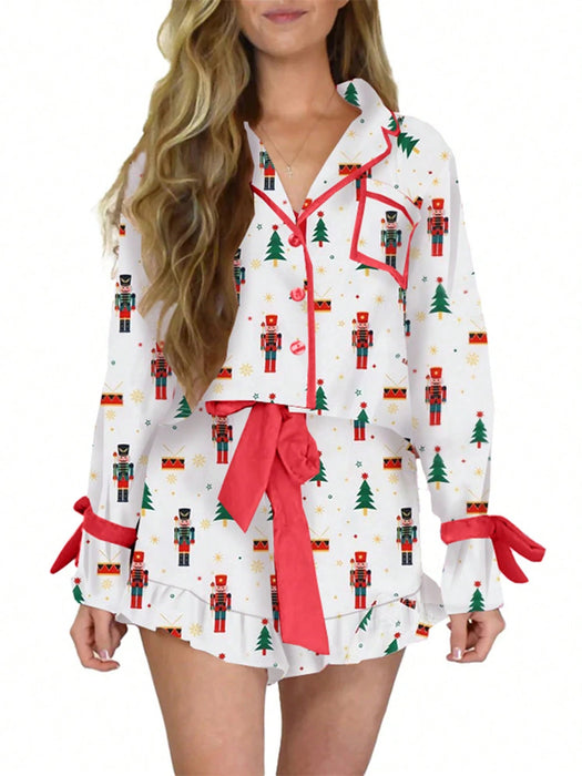 Conjunto navideño de dos piezas para mujer: ropa de estar por casa, con estampado y lazo - Quierox - Tienda Online