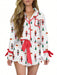 Conjunto navideño de dos piezas para mujer: ropa de estar por casa, con estampado y lazo - Quierox - Tienda Online
