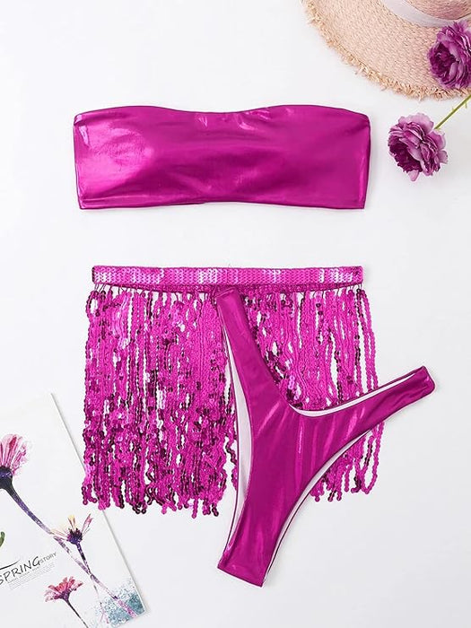 Conjuntos de 3 piezas de Body metálico holográfico, falda con lentejuelas y panty para fiestas rave para mujeres - Quierox - Tienda Online
