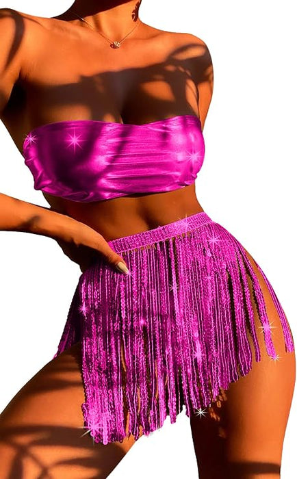 Conjuntos de 3 piezas de Body metálico holográfico, falda con lentejuelas y panty para fiestas rave para mujeres - Quierox - Tienda Online