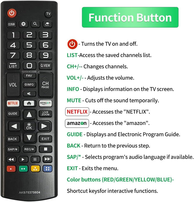 Control remoto AKB75375604 de repuesto para LG Smart TV 32LK540BPUA 32LK610BPUA 43LK5700BUA 43LK5700PUA - Quierox - Tienda Online
