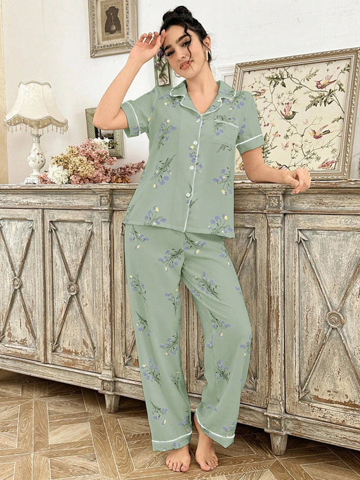 CottageSlumber Conjunto de pijama de mujer con estampado floral y diseño de bolsillo - Quierox - Tienda Online