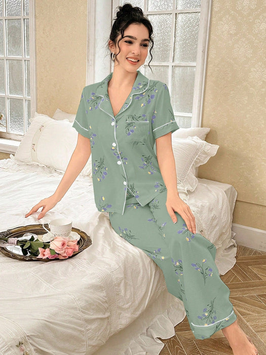 CottageSlumber Conjunto de pijama de mujer con estampado floral y diseño de bolsillo - Quierox - Tienda Online