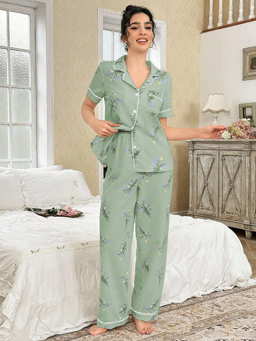 CottageSlumber Conjunto de pijama de mujer con estampado floral y diseño de bolsillo - Quierox - Tienda Online