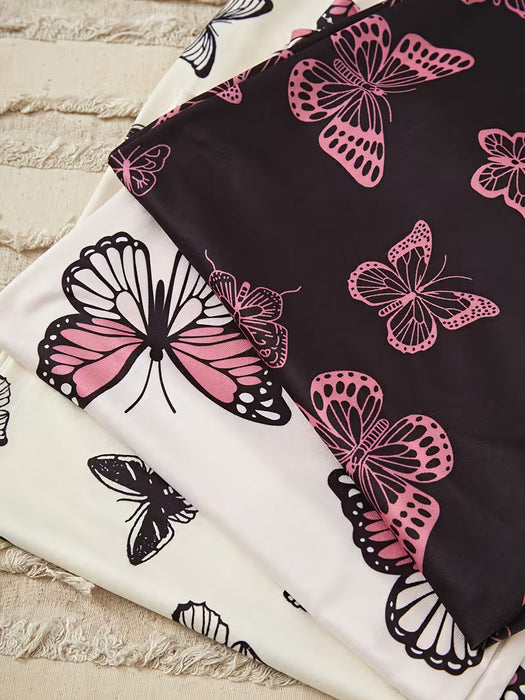 3pcs Pantalones pijamas para dormir de mujer con estampado de mariposas