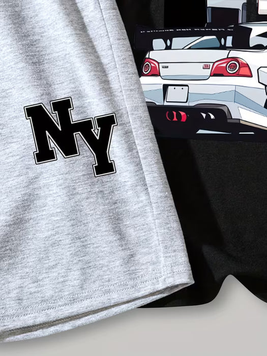 Conjunto Casual de Verano para Niños: Camiseta con Estampado de Coche y Shorts Largos