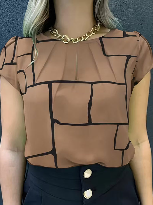 Top casual de manga corta con cuello redondo y estampado de rayas