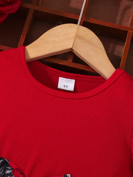 Vestido de Niña Mangas Volantes Juguetonas, con Estampado Audaz de Rosas Rojas