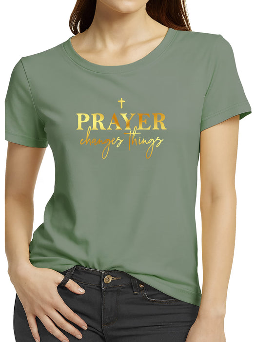 Camiseta 100% para Mujer, Moda Casual, Estilo Vacacional con Estampado Dorado "LA ORACIÓN Cambia las Cosas"