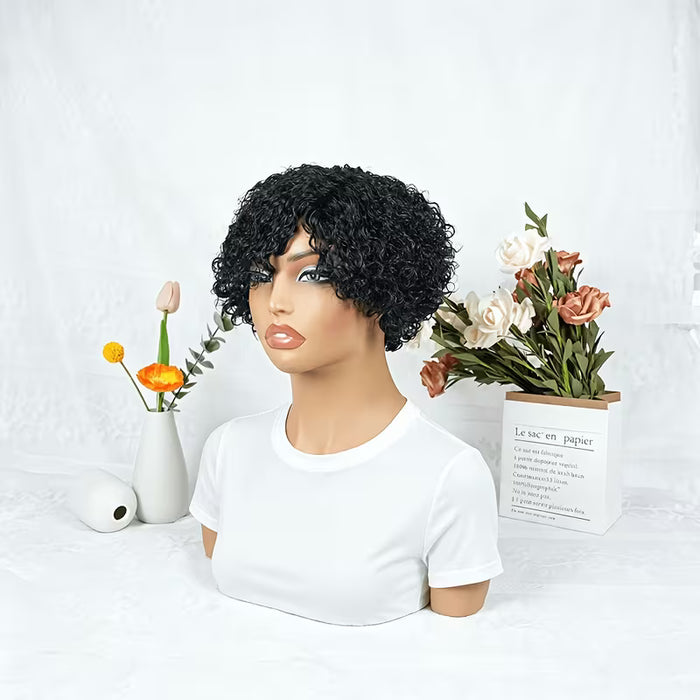 Peluca Bob Corta y Larga Negra con Flequillo, Cabello Humano con Aspecto Natural de 8 pulgadas