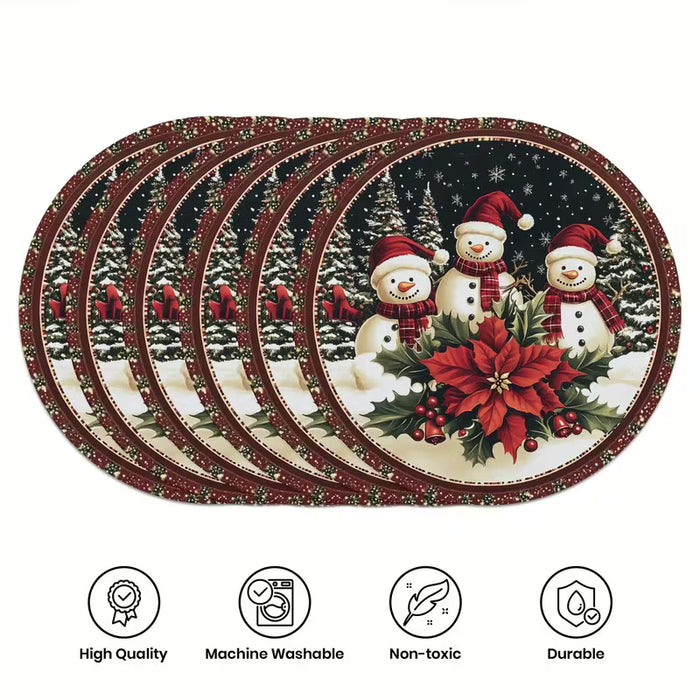 6 Manteles individuales de muñeco de nieve navideño impresos en 2D, diámetro de 15 pulgadas