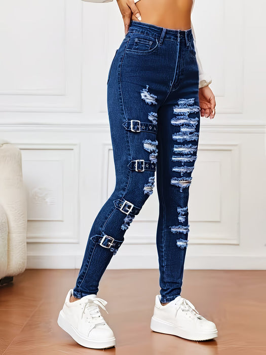 Jeans ajustados rotos con hebilla, versátiles, elásticos y modernos para mujer