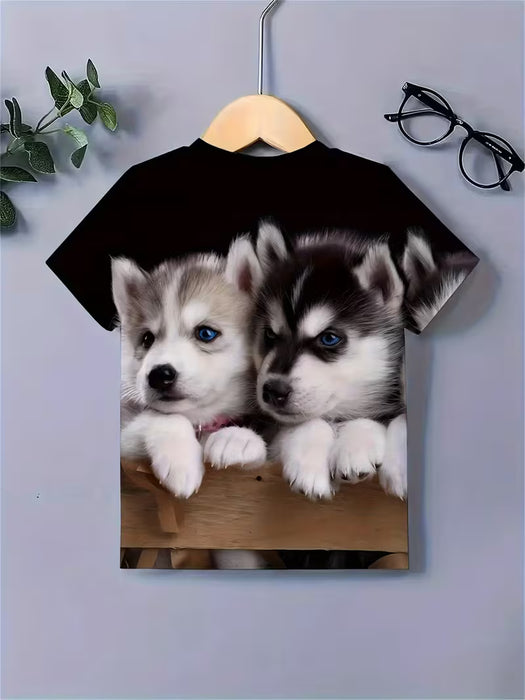 Camiseta de Manga Corta para Niños con Estampado de Cachorro de Husky Siberiano