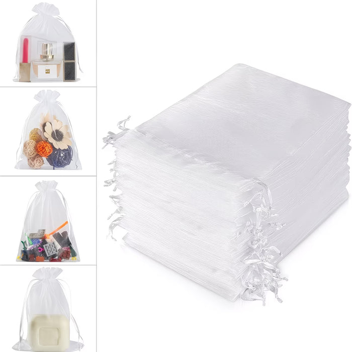 50pcs Bolsas de Organza de Malla Blanca Transpirable blanco Transparente con Cordón 12*9cm