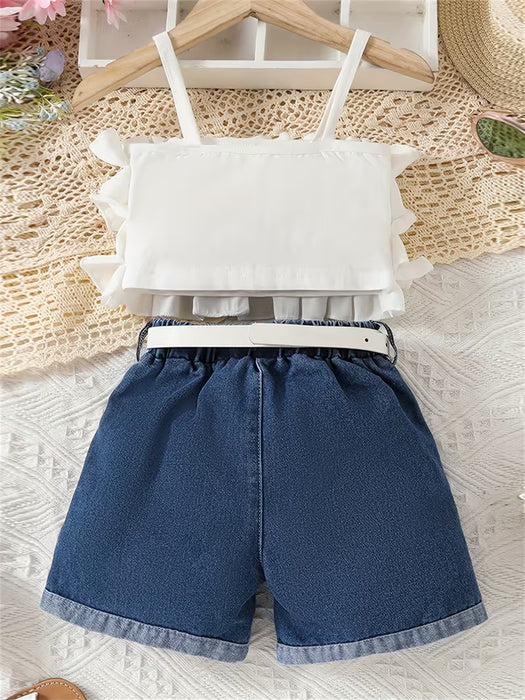 Conjunto de dos piezas para niñas: camiseta sin mangas con encaje y shorts de mezclilla