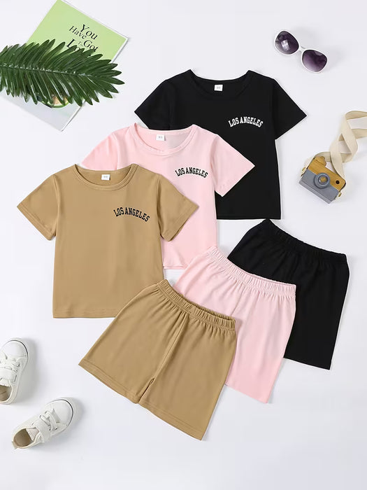 Conjunto De 3 Piezas De Ropa De Verano Para Bebé Con Estampado De "Los Angeles", Incluye Camiseta Y Pantalones Cortos