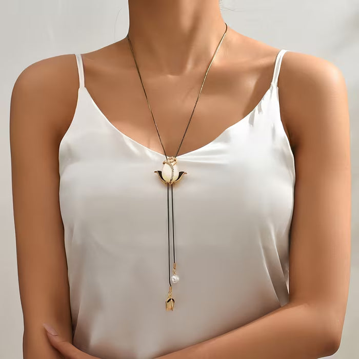 Collar colgante largo con elemento de primavera de flor de tulipán, ajustable