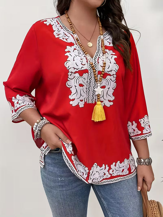 Blusa Elegante de Mujer con Estampado Floral y Cuello en V - Manga Larga