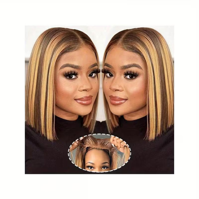 Peluca Bob Corta para Mujer con Mechas Rubias/Marrón Natural de Cabello Semi-Humano DE 10 inch