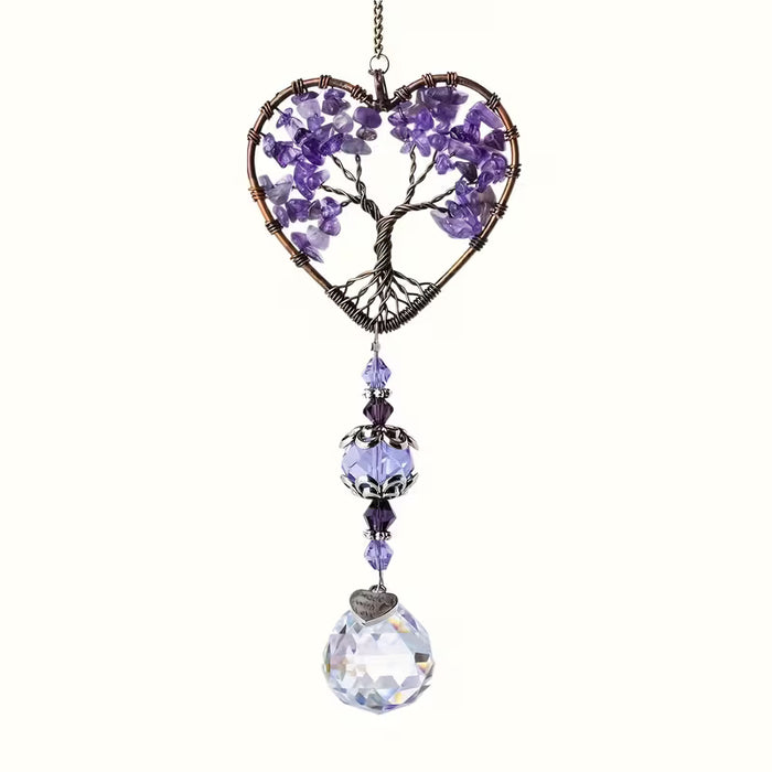 Atrapasol de Cristal Morado con Forma de Corazón y Cuentas de Vidrio