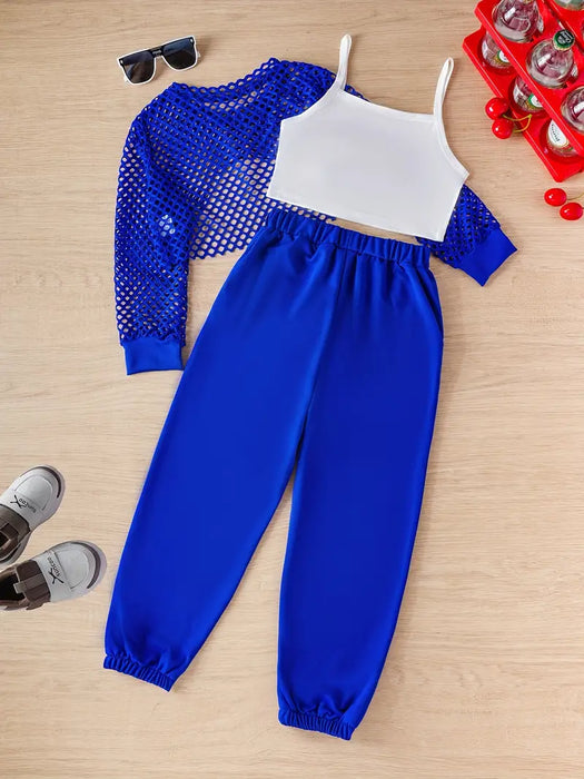 Conjunto de tres piezas para niñas que incluye una blusa de manga larga con diseño calado