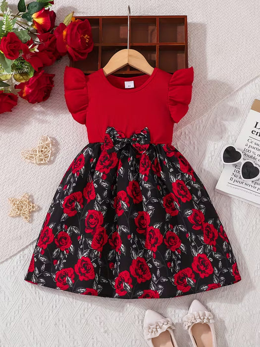 Vestido de Niña Mangas Volantes Juguetonas, con Estampado Audaz de Rosas Rojas
