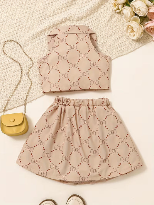 Conjunto de 2 piezas para niñas: falda sin mangas con estampado de lazo