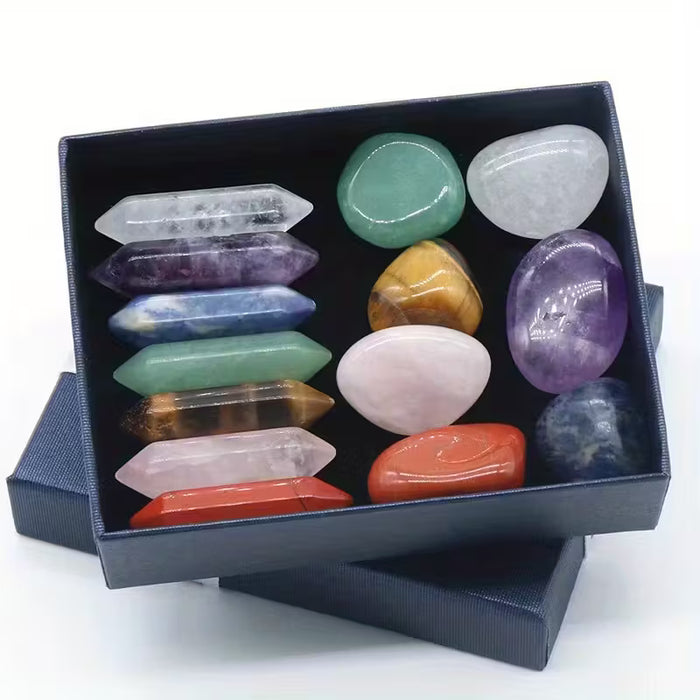 Columna hexagonal doble terminada piedras caídas juego de siete chakras caja de regalo