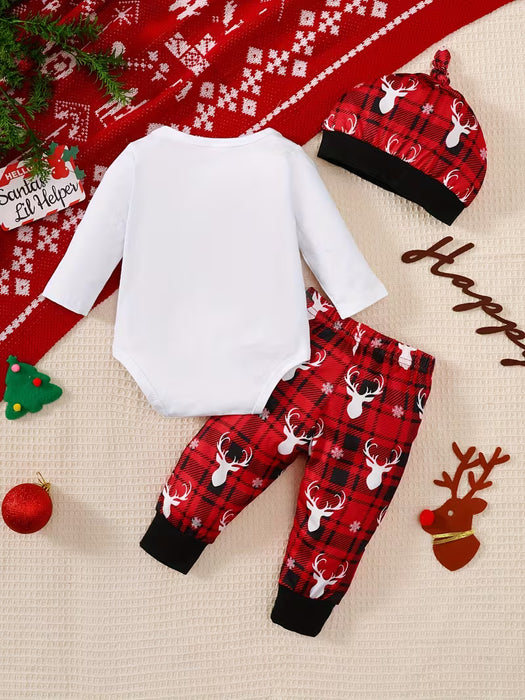 Conjunto de camiseta manga larga, gorro y pantalón con estampado festivo para niños