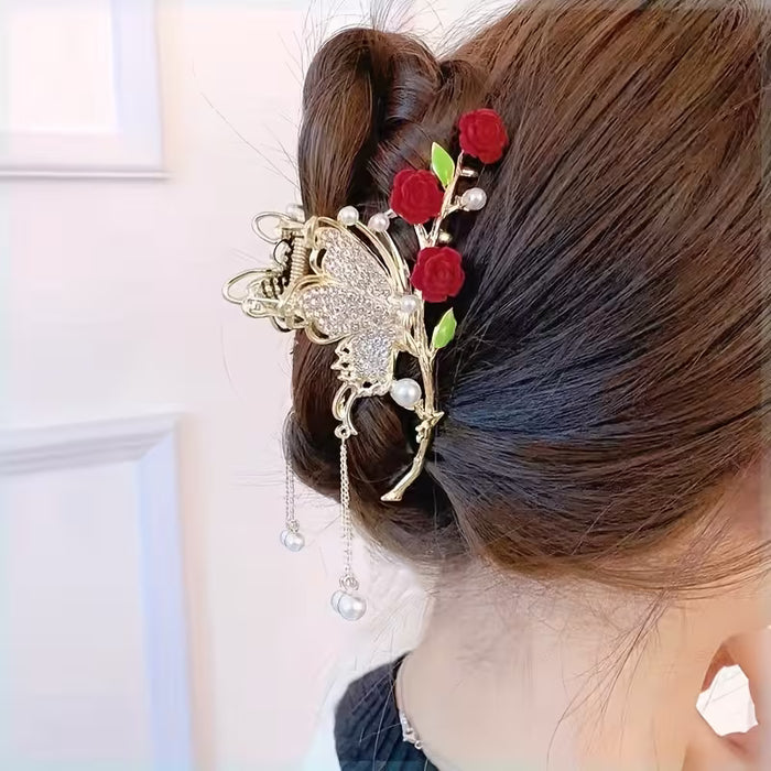 Pinza Larga Vintage con Flecos de Estrás - Garra Grande para Trenzas, Coletas, Moños