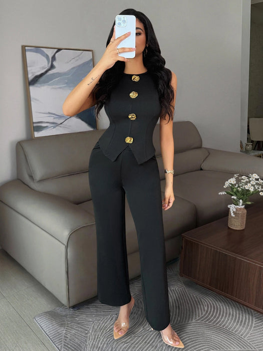 Shein Vavine Conjunto elegante de negocios informal para mujer con botones metálicos decorativos