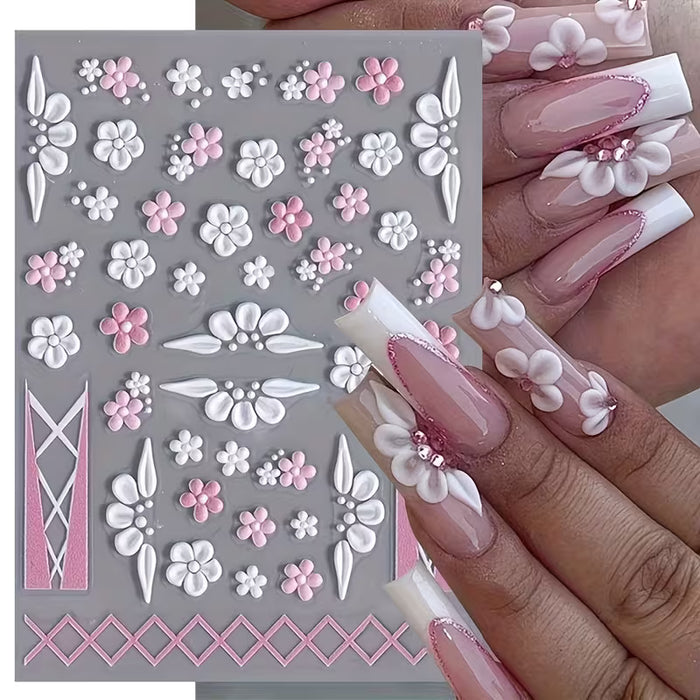 2 Pegatinas de Uñas con Flores y Lazo de Fantasía en Relieve 3D - Acabado Mate