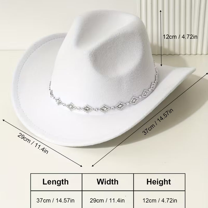 Un sombrero de vaquera unisex, único y elegante, con una cadena brillante para sombrero