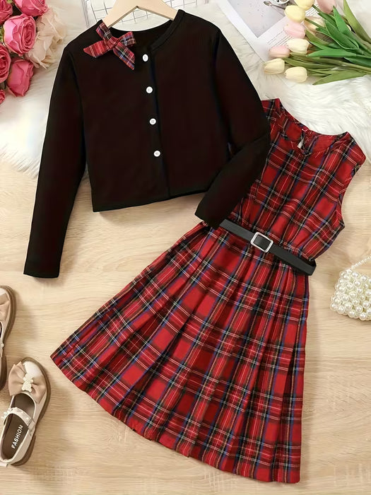 Conjunto de moda para niñas Gift Belt: cárdigan corto Ted + vestido de cuadros escoceses